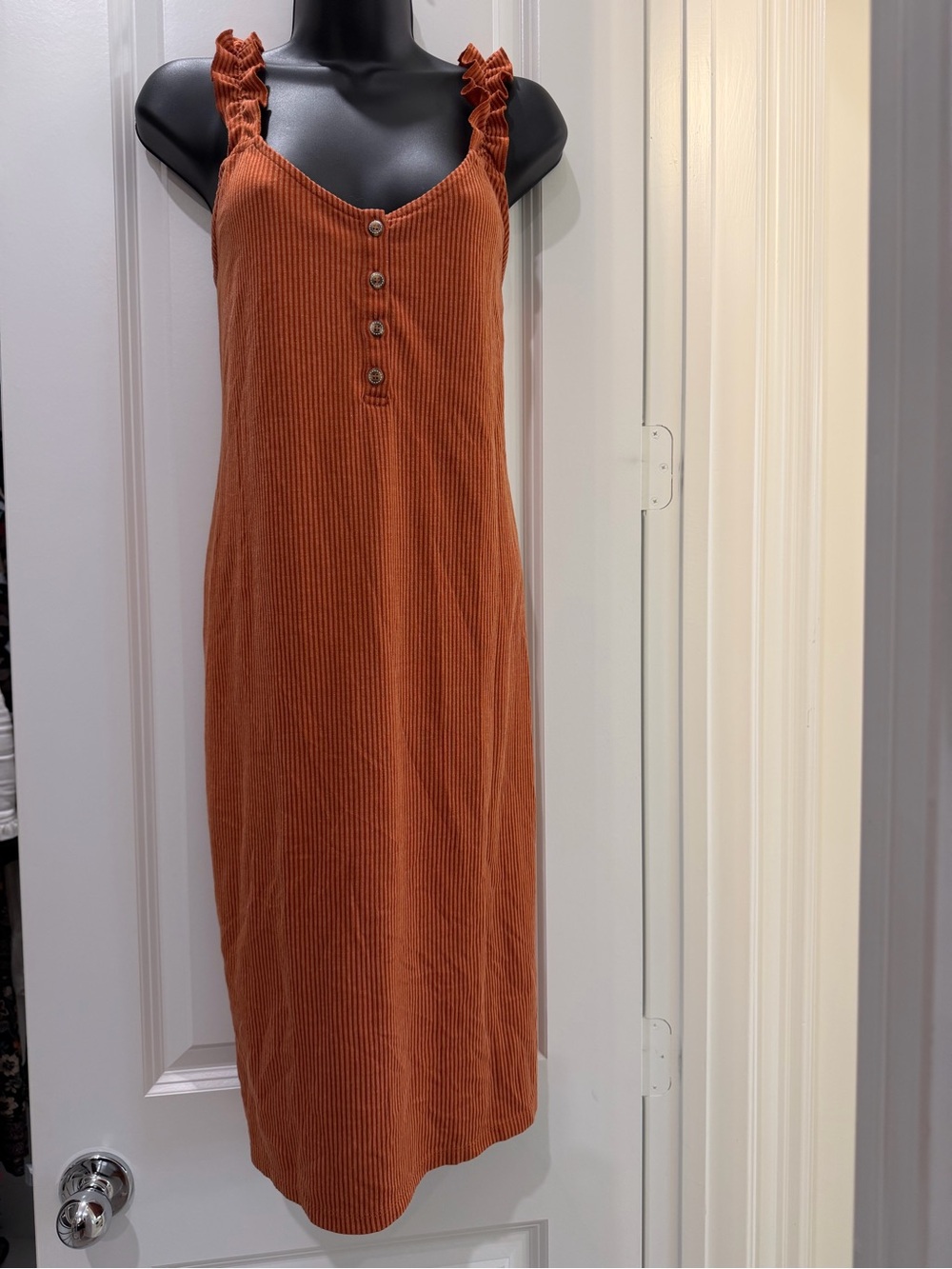 Lily White Rust Ribbed Ruffle Strap Midi Dress XL Boho